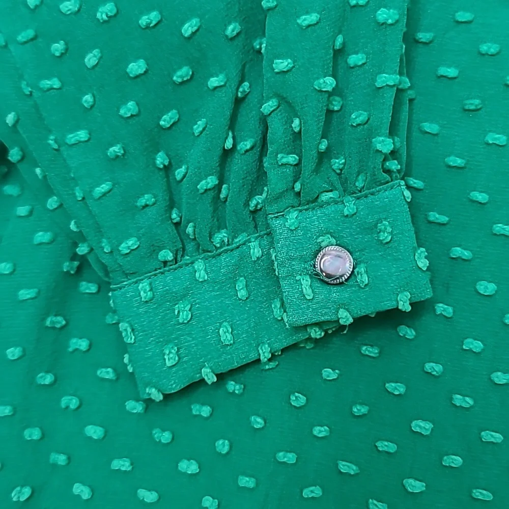 J Crew Flowy Sheer Silk Chiffon Long Sleeve Dot Blouse in Green - Picture 13 of 17